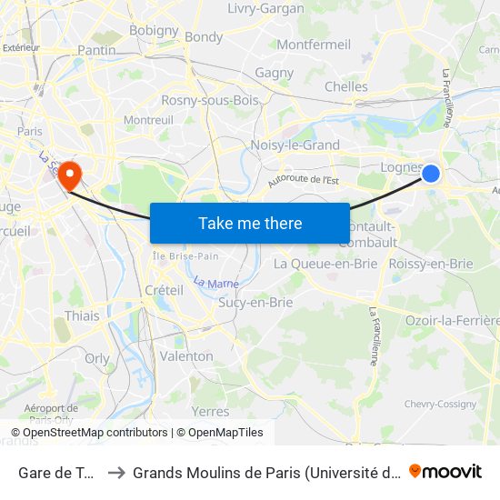 Gare de Torcy to Grands Moulins de Paris (Université de Paris) map