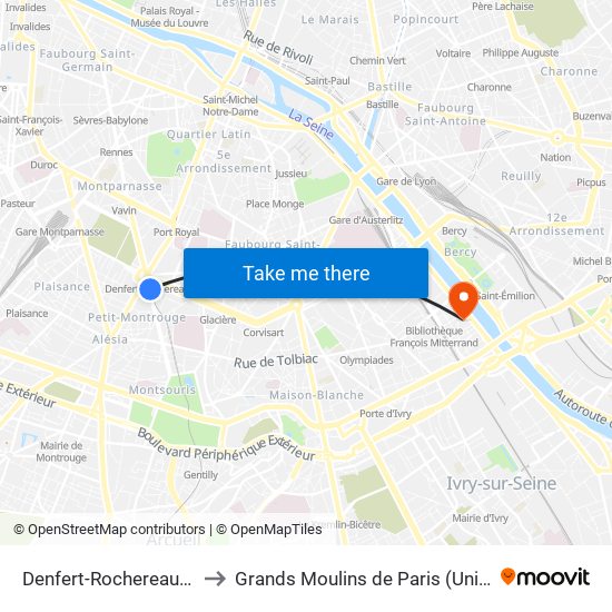 Denfert-Rochereau - Métro-Rer to Grands Moulins de Paris (Université de Paris) map
