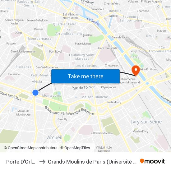 Porte D'Orléans to Grands Moulins de Paris (Université de Paris) map