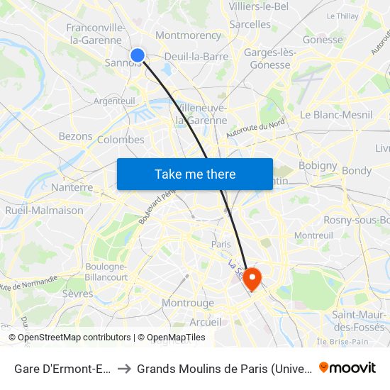 Gare D'Ermont-Eaubonne to Grands Moulins de Paris (Université de Paris) map