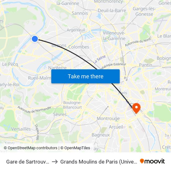 Gare de Sartrouville - RER to Grands Moulins de Paris (Université de Paris) map
