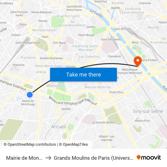 Mairie de Montrouge to Grands Moulins de Paris (Université de Paris) map