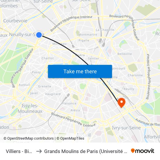 Villiers - Bineau to Grands Moulins de Paris (Université de Paris) map