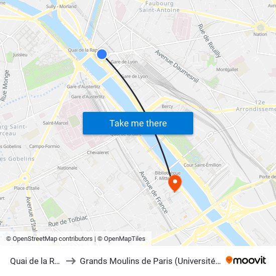 Quai de la Rapée to Grands Moulins de Paris (Université de Paris) map