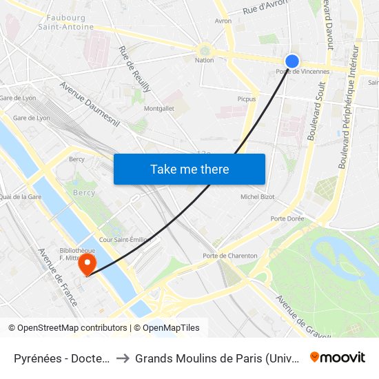 Pyrénées - Docteur Netter to Grands Moulins de Paris (Université de Paris) map