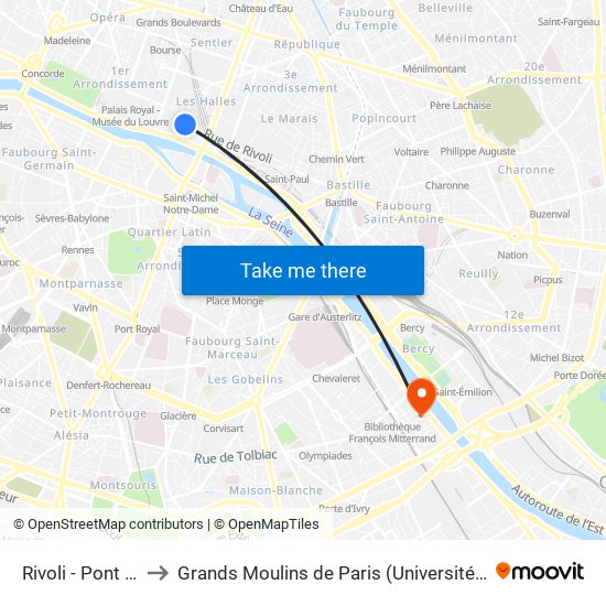Rivoli - Pont Neuf to Grands Moulins de Paris (Université de Paris) map
