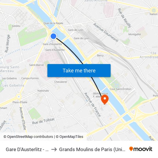 Gare D'Austerlitz - Cour Seine to Grands Moulins de Paris (Université de Paris) map