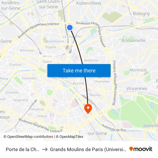 Porte de la Chapelle to Grands Moulins de Paris (Université de Paris) map