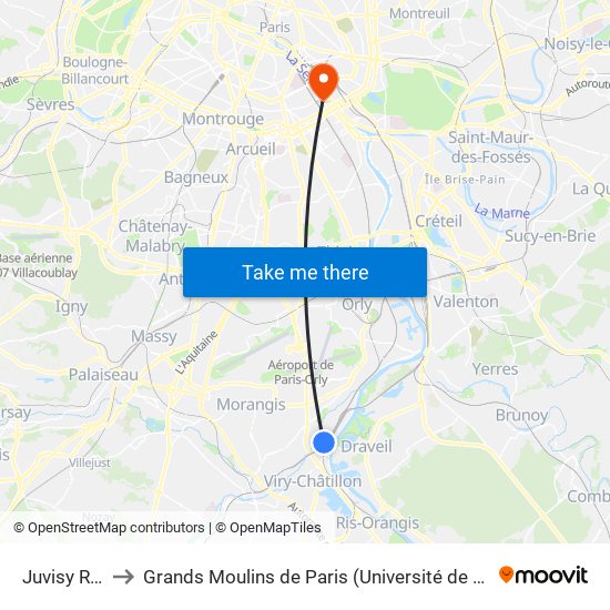 Juvisy RER to Grands Moulins de Paris (Université de Paris) map