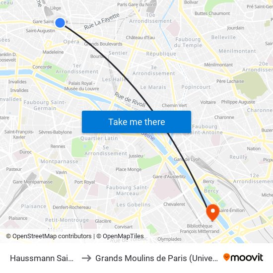 Haussmann Saint-Lazare to Grands Moulins de Paris (Université de Paris) map
