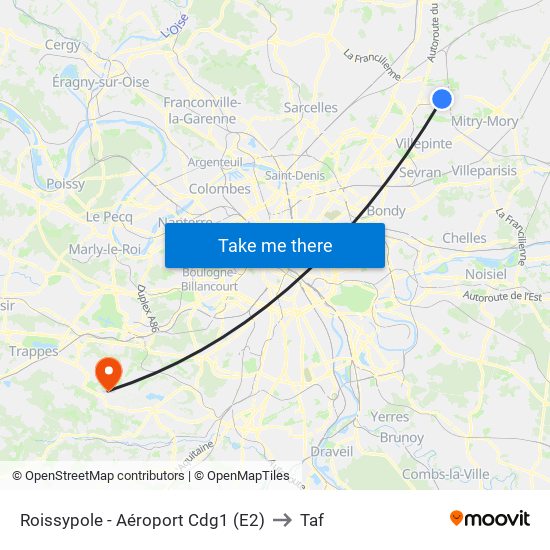 Roissypole - Aéroport Cdg1 (E2) to Taf map