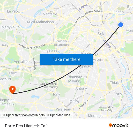 Porte Des Lilas to Taf map