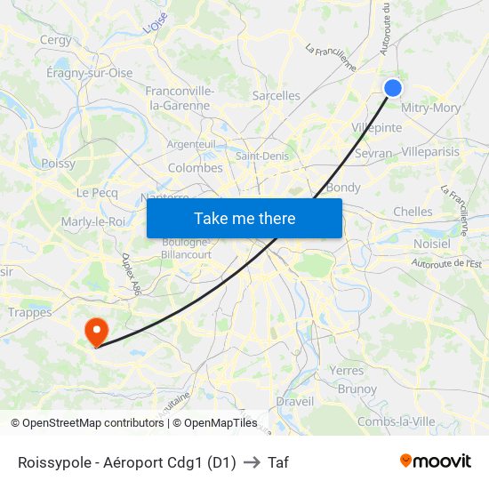 Roissypole - Aéroport Cdg1 (D1) to Taf map