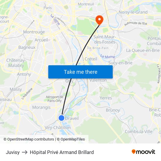 Juvisy to Hôpital Privé Armand Brillard map