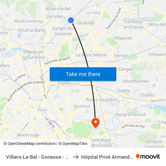 Villiers-Le-Bel - Gonesse - Arnouville to Hôpital Privé Armand Brillard map