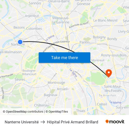 Nanterre Université to Hôpital Privé Armand Brillard map