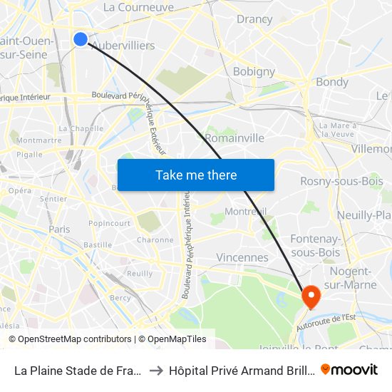 La Plaine Stade de France to Hôpital Privé Armand Brillard map