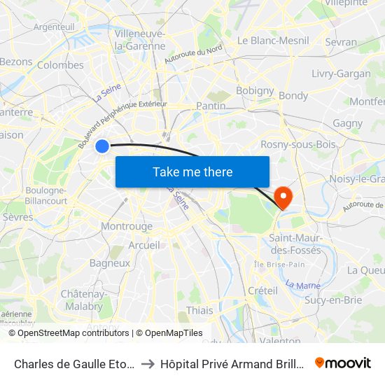 Charles de Gaulle Etoile to Hôpital Privé Armand Brillard map