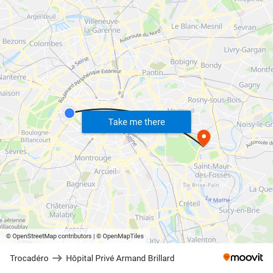 Trocadéro to Hôpital Privé Armand Brillard map