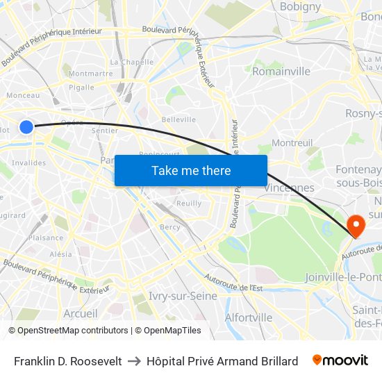 Franklin D. Roosevelt to Hôpital Privé Armand Brillard map