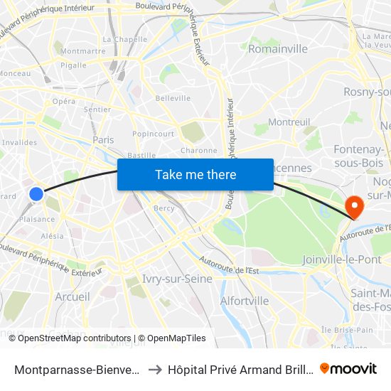 Montparnasse-Bienvenue to Hôpital Privé Armand Brillard map