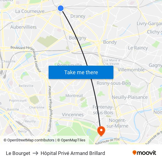 Le Bourget to Hôpital Privé Armand Brillard map