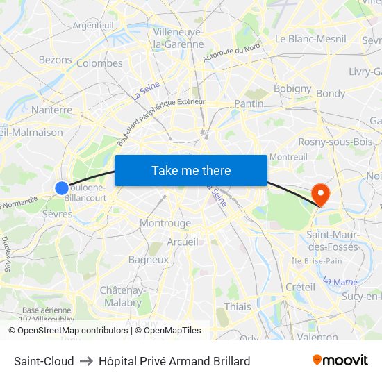 Saint-Cloud to Hôpital Privé Armand Brillard map