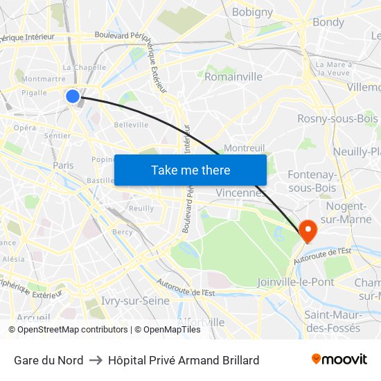 Gare du Nord to Hôpital Privé Armand Brillard map