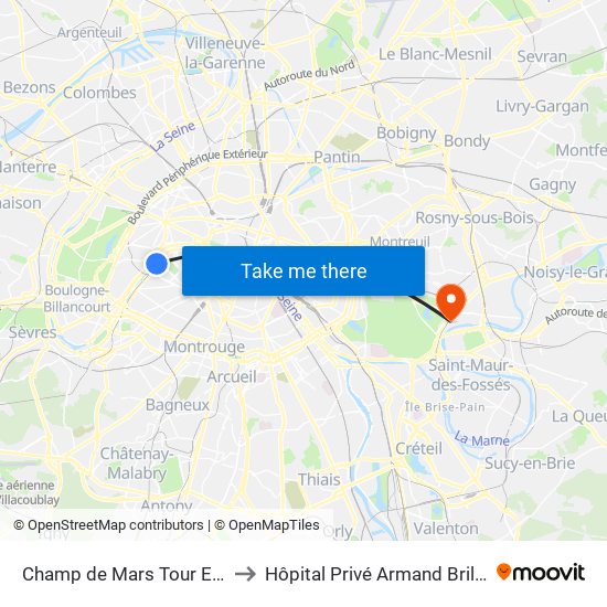 Champ de Mars Tour Eiffel to Hôpital Privé Armand Brillard map