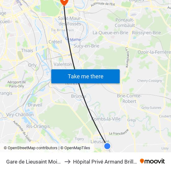 Gare de Lieusaint Moissy to Hôpital Privé Armand Brillard map