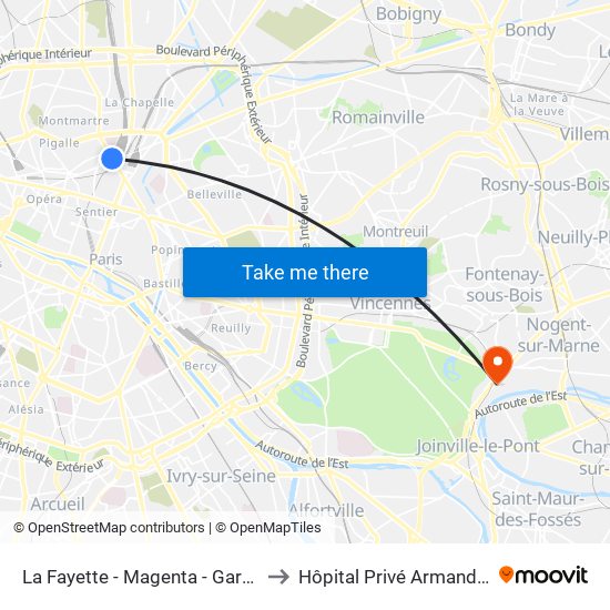 La Fayette - Magenta - Gare du Nord to Hôpital Privé Armand Brillard map