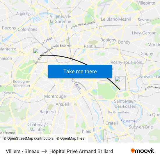 Villiers - Bineau to Hôpital Privé Armand Brillard map