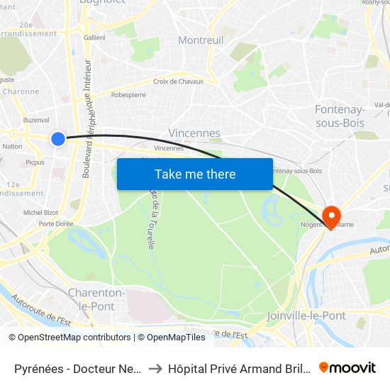 Pyrénées - Docteur Netter to Hôpital Privé Armand Brillard map