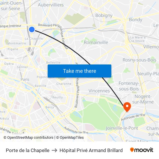 Porte de la Chapelle to Hôpital Privé Armand Brillard map