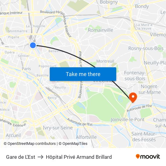 Gare de L'Est to Hôpital Privé Armand Brillard map