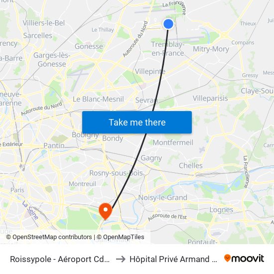 Roissypole - Aéroport Cdg1 (D1) to Hôpital Privé Armand Brillard map