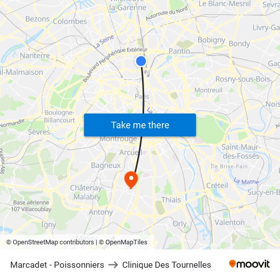 Marcadet - Poissonniers to Clinique Des Tournelles map