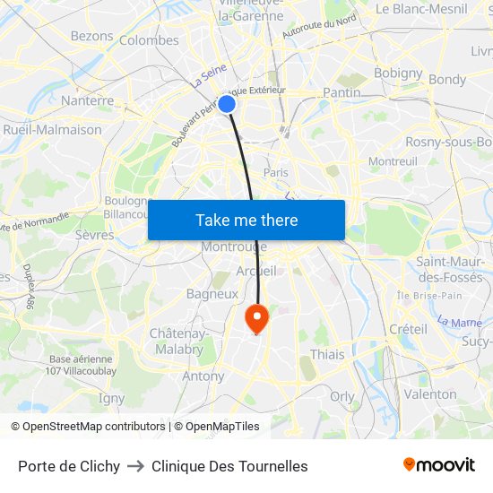 Porte de Clichy to Clinique Des Tournelles map