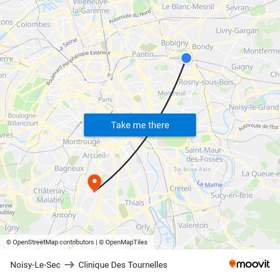 Noisy-Le-Sec to Clinique Des Tournelles map