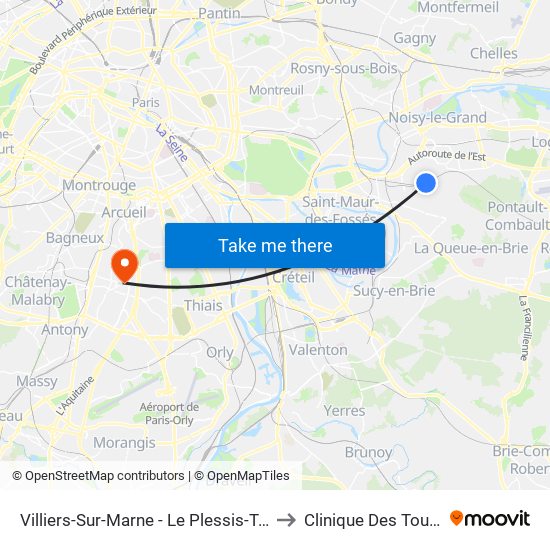 Villiers-Sur-Marne - Le Plessis-Trévise RER to Clinique Des Tournelles map