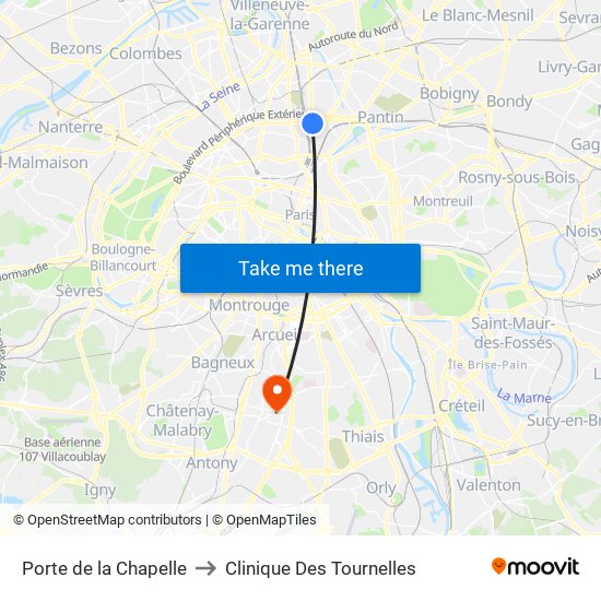 Porte de la Chapelle to Clinique Des Tournelles map