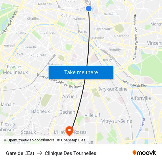 Gare de L'Est to Clinique Des Tournelles map