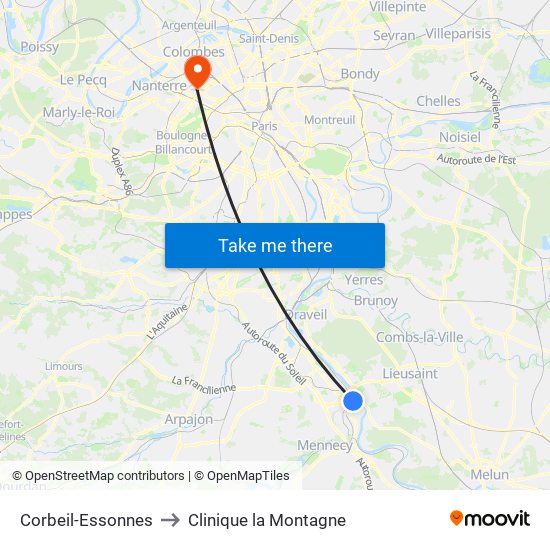 Corbeil-Essonnes to Clinique la Montagne map