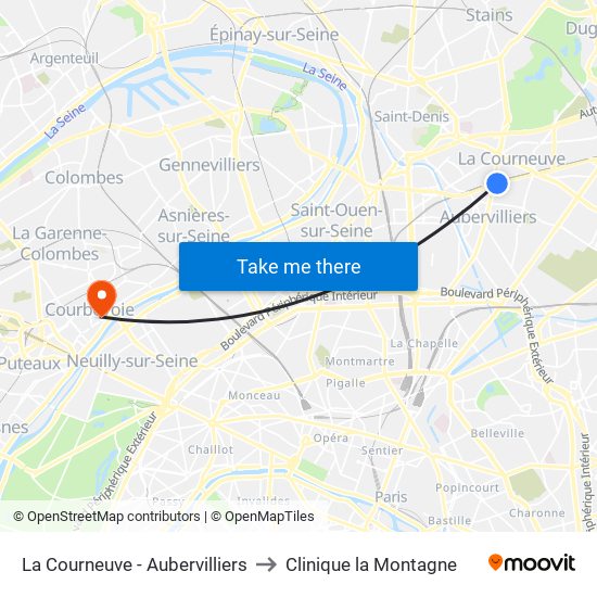 La Courneuve - Aubervilliers to Clinique la Montagne map