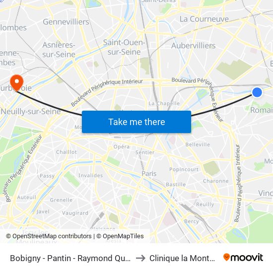 Bobigny - Pantin - Raymond Queneau to Clinique la Montagne map