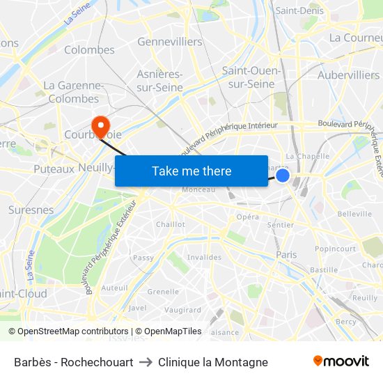 Barbès - Rochechouart to Clinique la Montagne map