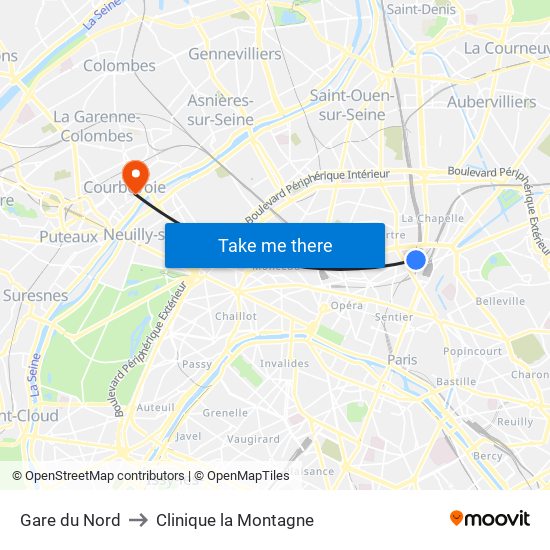 Gare du Nord to Clinique la Montagne map