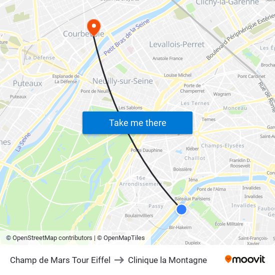 Champ de Mars Tour Eiffel to Clinique la Montagne map
