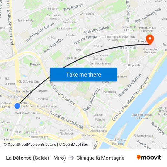 La Défense (Calder - Miro) to Clinique la Montagne map