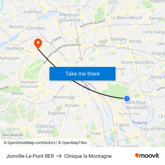 Joinville-Le-Pont RER to Clinique la Montagne map